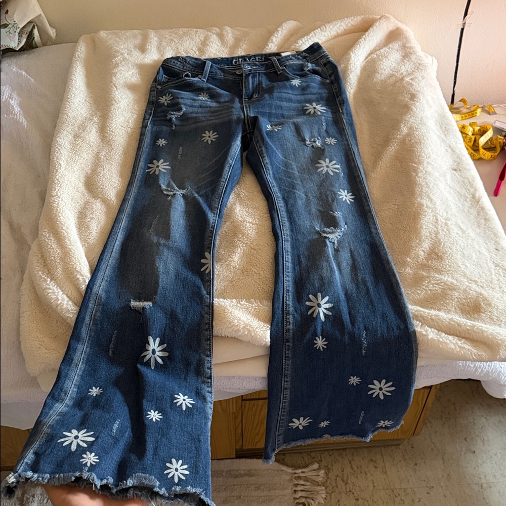 Grace Dark Blue Flare Jeans with White Daisy Patterns